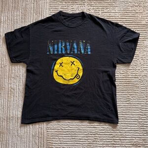 NIRVANA Black Tee with Yellow‎ Smiley - size Large